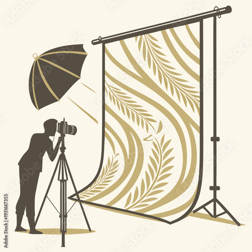 Photographer capturing images in a professional studio setting with a patterned backdrop and lighting equipment.