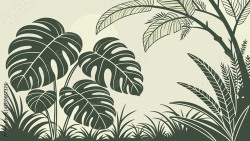 Tropical Jungle Foliage with Monstera Leaves and Palm Trees.