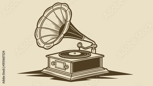 Vintage Gramophone Engraving Illustration.