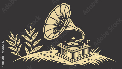 Vintage Gramophone with Horn and Leafy Plants Illustration.