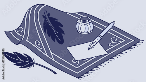Vintage Quill Pen Inkwell and Paper on a Decorative Rug.