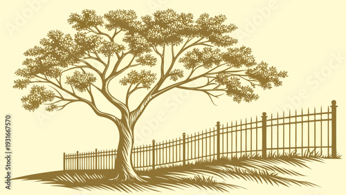 Vintage Tree and Fence Illustration.