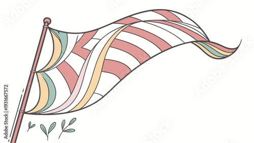 Waving Flag Illustration with Colorful Stripes and Leaf Accents.