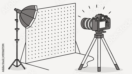 Professional Photography Studio Setup with Camera Tripod Softbox and Reflector.