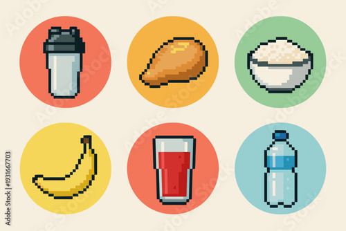 Pixel Art Fitness Nutrition Icons Set, Shaker Protein Chicken Rice Banana Juice Water Meal Prep