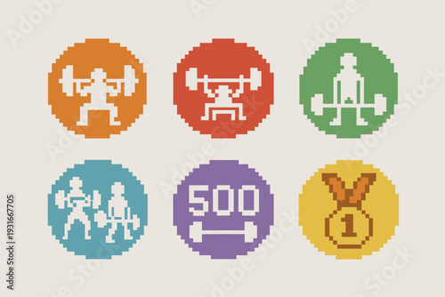 Pixel Art Gym Workout Fitness Icons Set, Weightlifting Squat Barbell Medal Achievement Elements