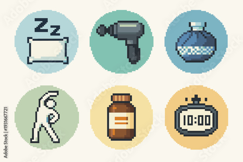 Pixel Art Daily Routine & Self-Care Icons Set – Sleep, Hairdryer, Perfume, Stretching, Pills, Alarm Clock 8-bit Retro Symbols