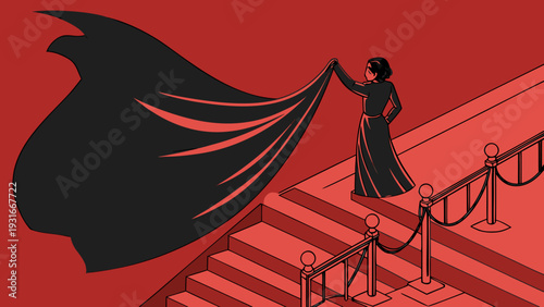 Woman in elegant dress on red carpet holding a flowing black fabric.