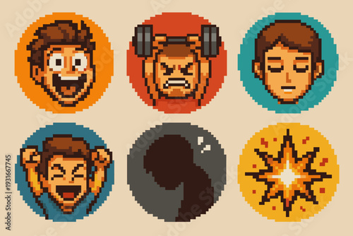 Pixel Art Fitness Emotions Icons Set - Pumped Face, Intense Effort, Focused Zen, Victory Pump, Sweat Silhouette, Power Explosion, Retro 8-Bit Gym Motivation Faces