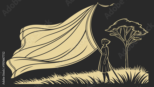 Woman holding large flowing fabric in a stylized outdoor scene.