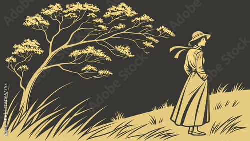 Woman in Hat and Scarf Standing Under a Tree in a Field.