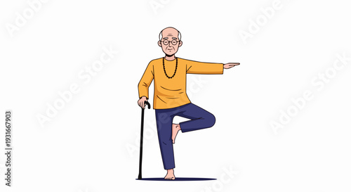 Senior yoga practice with elderly man balancing on one leg, using cane for stability. Senior yoga poses promote flexibility and strength for older adults. Concept senior yoga for health and wellness.