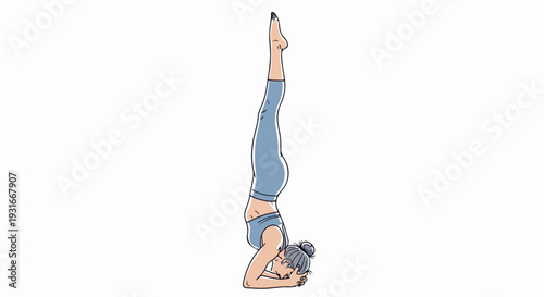 Person performing yoga headstand on white background, demonstrating perfect balance. Focused individual shows strong yoga headstand, promoting health, mindfulness. Yoga headstand for fitness blogs,