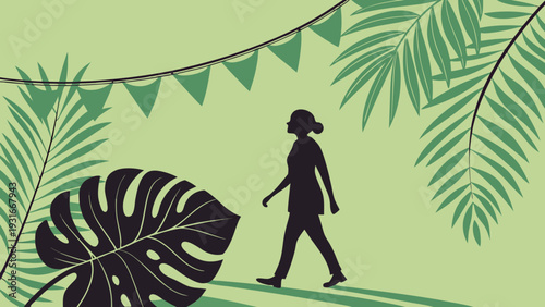 Silhouette of a woman walking through a lush tropical setting with palm leaves and festive bunting.