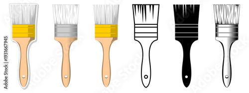 Paint brush collection icon set with lineart outline sticker silhouette and realistic flat vector styles for art creative projects house renovation and home improvement DIY design.
