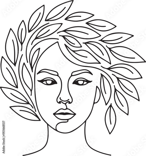 Minimalist Line Art Woman Face with Leaves Vector