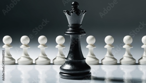 Black king chess piece standing in front of a line of white pawns black sheep concept