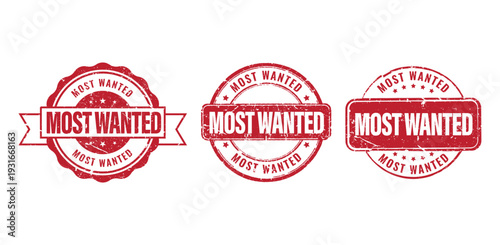 set of three red most wanted rubber stamps with grunge texture for retail marketing promotion