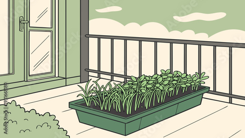 Urban Balcony Garden with Lush Green Plants and Herbs.