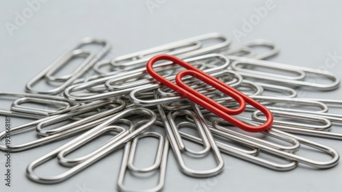 Red paperclip on a pile of silver paperclips black sheep concept