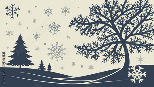 Winter Wonderland Landscape with Snowflakes and Trees 1.