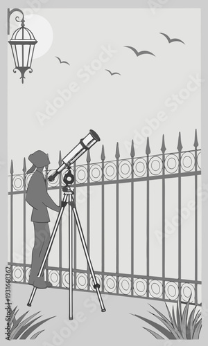 Woman observing the night sky with a telescope.