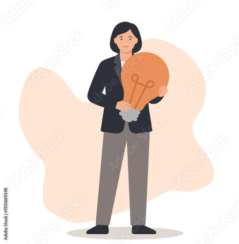 Lightbulb idea concept vector illustration, cartoon flat woman characters hold lamp light bulb, create of innovative ideas isolated on white stock illustration