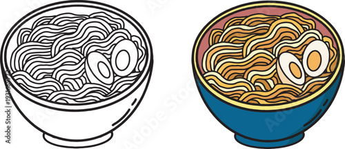Icon of a bowl of noodle in color and black and white with black bold outline. Illustration of simple noodle drawing