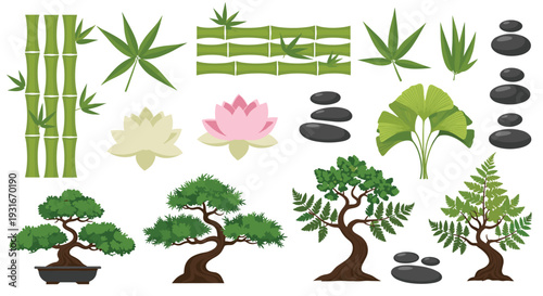 Serene Zen Garden Elements Collection Featuring Bamboo Bonsai Trees Lotus Flowers and Smooth Stones for Tranquil Asian Inspired Design
