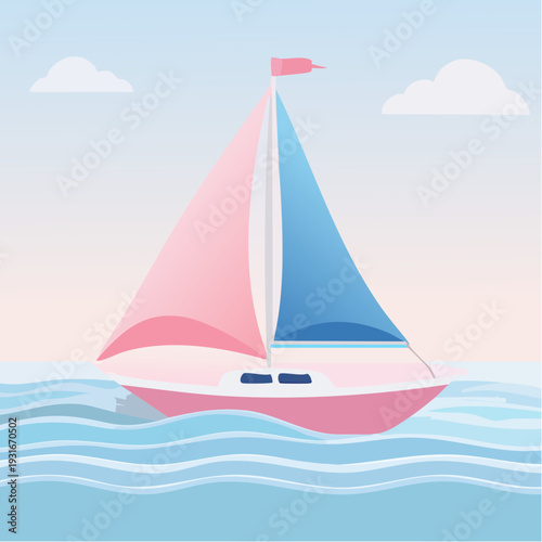 Serene Vector Illustration of a Sailboat with Colorful Sails Drifting Gently on Peaceful Ocean Waves Under a Soft Sky, Symbolizing Tranquility and Exploration