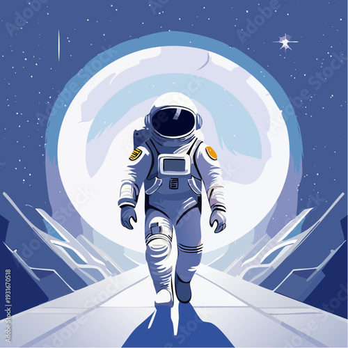 Cosmic voyager strides purposefully across an unknown world, bathed in the glow of a colossal celestial body, symbolizing future exploration