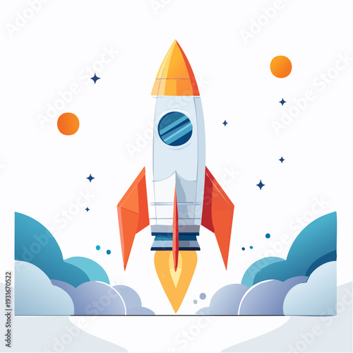 Dynamic graphic showing a modern rocket launching upwards, symbolizing ambitious startup ventures, innovative progress, and successful future achievements