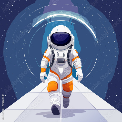 Astronaut's determined stride on a cosmic path towards a radiant gateway, symbolizing pioneering space exploration and future endeavors