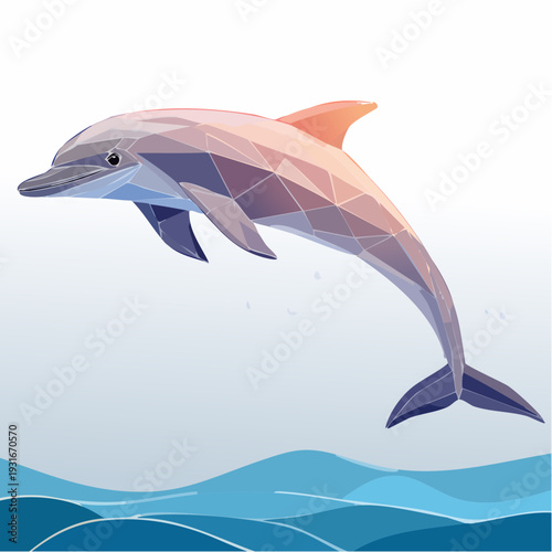 Vibrant geometric dolphin illustration leaping from ocean waves, modern low-poly style marine life art