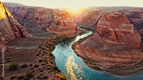 Stunning aerial view of Horseshoe Bend at sunset.