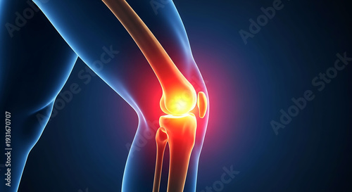 Human knee joint bilateral pain inflammation anatomy with red light medical glow