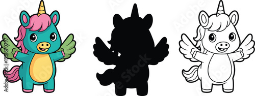 Cute Unicorn Character with Wings Color Silhouette and Outline Cartoon Vector Illustration Set Isolated