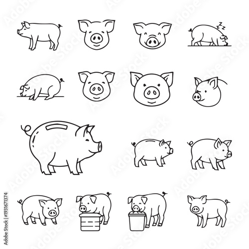 Pig Icons Collection: Various Poses and FacesLine Art Vector