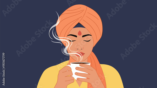 Beautiful Indian woman wearing a turban closes her eyes to enjoy the warm aroma of a hot cup of coffee or tea against dark blue.