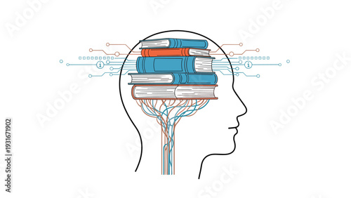 Knowledge concept features a human head profile with a stack of colorful books inside connected by neural network lines.