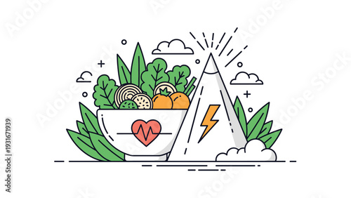 Healthy bowl of fresh vegetables and a mountain peak with a lightning bolt symbol represent peak physical energy through a nutritious balanced diet.
