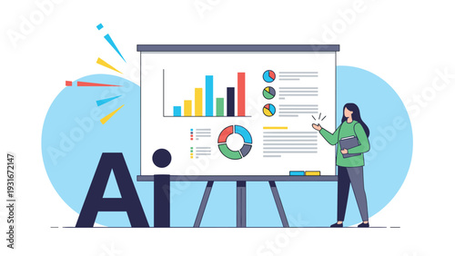 Female professional uses a large digital screen with charts and graphs alongside the letters Ai to explain data analysis and smart technology.
