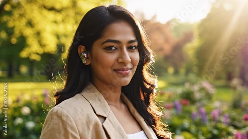 Woman in Blazer Smiling with Earbuds in Park.