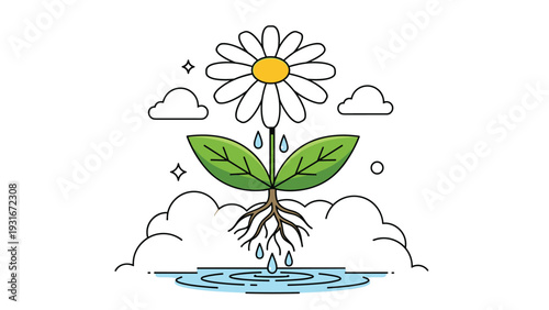 Single white daisy flower with green leaves and visible roots grows from a pool of water under clouds in a conceptual nature illustration.