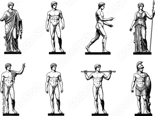 Ancient Greek and Roman statue vector illustration collection featuring classical marble sculptures of gods, goddesses, athletes, and Spartan warriors in black and white silhouette style.