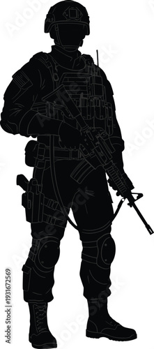 Black silhouette illustration of a modern special forces soldier in full tactical gear holding an assault rifle isolated on a white background for design