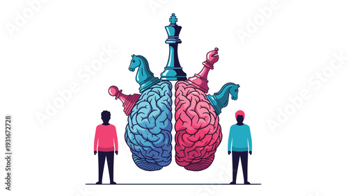 Human brain split into two colors with chess pieces standing on top and two people icons to symbolize strategy and psychology.