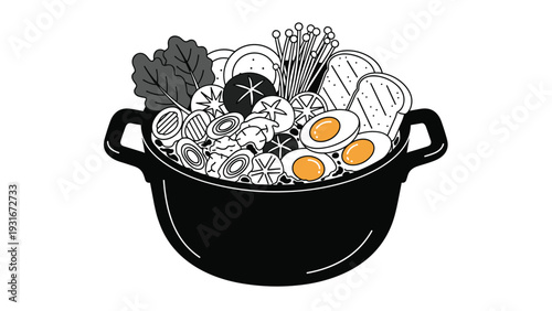 Black cooking pot filled with various ingredients like mushrooms, greens, bread, and eggs to represent a hearty hot pot meal.