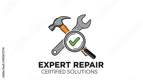 Crossed hammer and wrench tool icons behind a magnifying glass with a green checkmark for certified expert repair solutions.