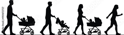 Black Silhouette Vector of Parents Walking with Strollers and Babies in Prams Set Isolated on White Background for Family Lifestyle and Parenting Concept Art